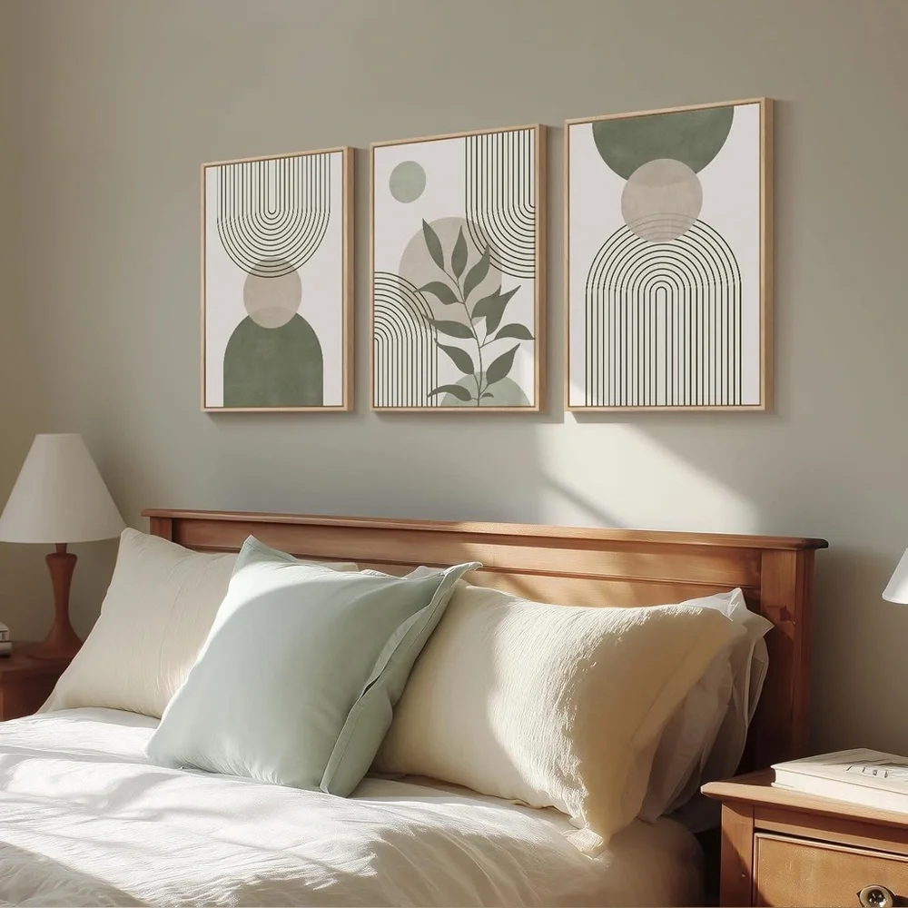 Framed Sage Green Boho Wall Art Set 3‎ Minimalist Canvas Prints 16x24 Brand New